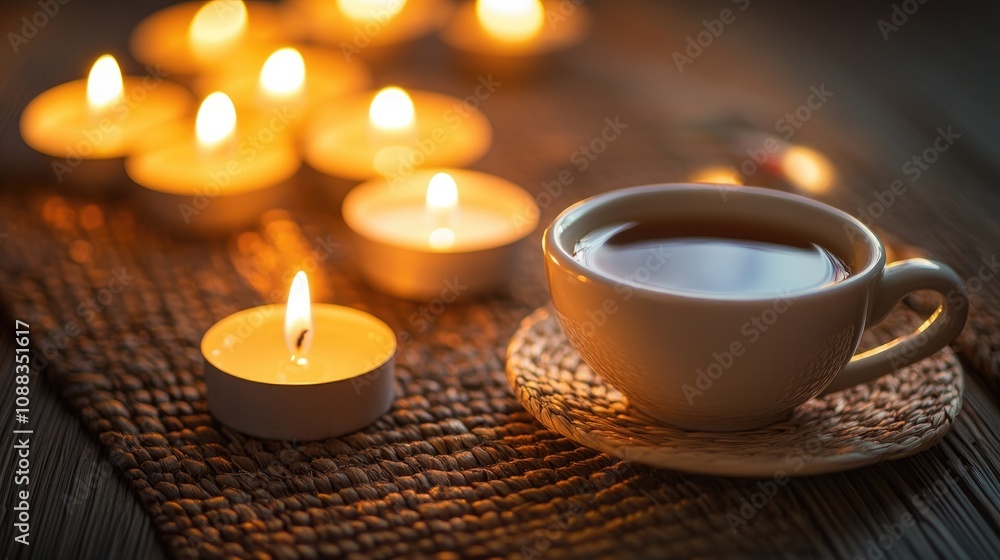 A pristine cup of hot coffee or tea sits on a textured surface, illuminated by the warm glow of flickering candles, creating a cozy and inviting atmosphere. A pristine cup of hot coffee or tea sits on a textured surface, illuminated by the warm glow of flickering candles, creating a cozy and inviting atmosphere.
