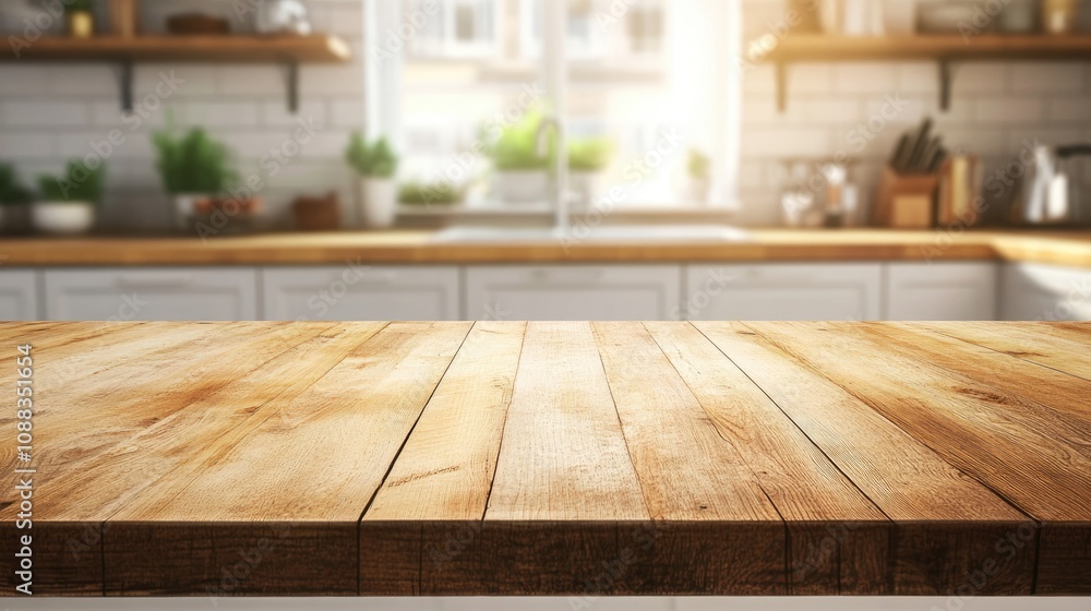 Warm Sunlit Kitchen Featuring a Rustic Wooden Tabletop and Inviting Shelves with Potted Plants in the Background