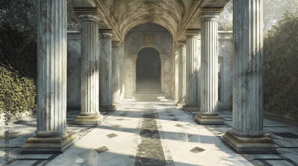 Elegant marble pillars framing the entrance of a grand architectural structure, surrounded by soft light and lush greenery. Elegant marble pillars framing the entrance of a grand architectural structure, surrounded by soft light and lush greenery.
