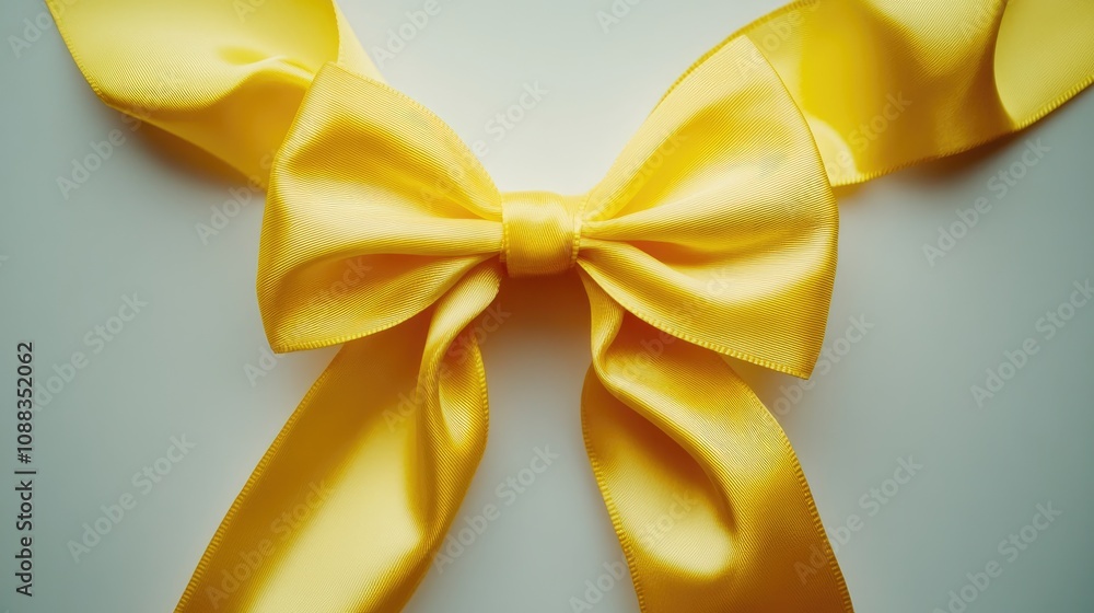 Elegant yellow satin bow on a smooth white background, perfect for gift wrapping and enhancing festive decorations. Elegant yellow satin bow on a smooth white background, perfect for gift wrapping and enhancing festive decorations.