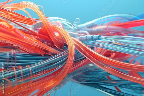 Bundle of network cables during data transmission, depicted in a 3D render and captured in high definition. photo