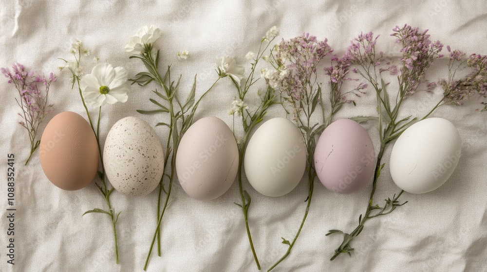 Easter eggs in soft neutral tones paired with delicate natural flowers on a linen backdrop emphasizing a Zero Waste concept. Easter eggs in soft neutral tones paired with delicate natural flowers on a linen backdrop emphasizing a Zero Waste concept.