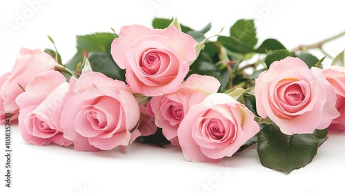 Delicate pink roses arranged on a pristine white background, perfect for mockup cards or invitations for romantic events. Flat lay perspective enhances elegance.