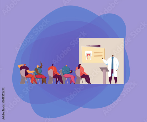 Dentists conference vector illustration. Doctor speaking before audience, giving lecture or seminar to college students in classroom. For lecture, workshop, dentistry, education concept