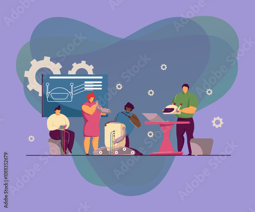 Children doing school robotics project. Group of students making robot, child sitting, teacher holding robotic head. Robotics, engineering technology, robots presentation, school project concept