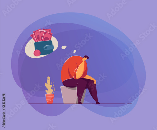 Depressed broke person having debts and money troubles. Bankrupt suffering from depression and financial problems. Vector illustration bankruptcy, crisis, loss concept