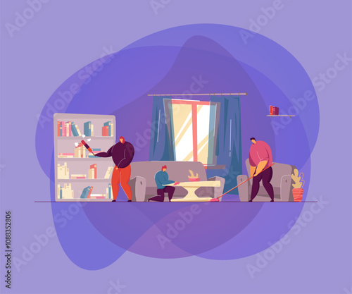 Family cleaning apartment, dusting, moping floor in living room together. People doing household work at home. Vector illustration for housekeeping, hygiene, housing, housecleaning, lifestyle concept