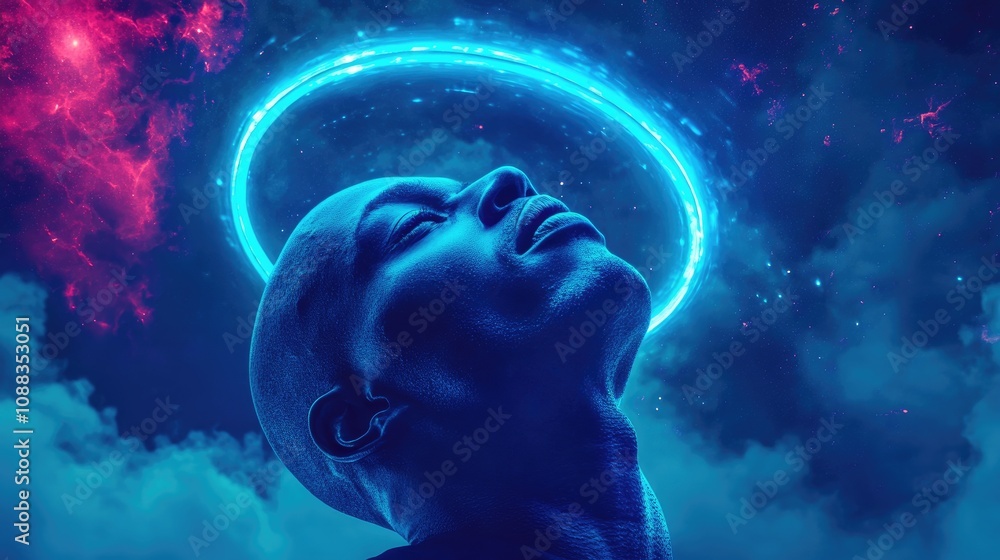 A serene, bald figure illuminated by a vibrant blue halo gazes upward in a softly lit environment, creating an ethereal and calming atmosphere filled with cosmic elements. A serene, bald figure illuminated by a vibrant blue halo gazes upward in a softly lit environment, creating an ethereal and calming atmosphere filled with cosmic elements.