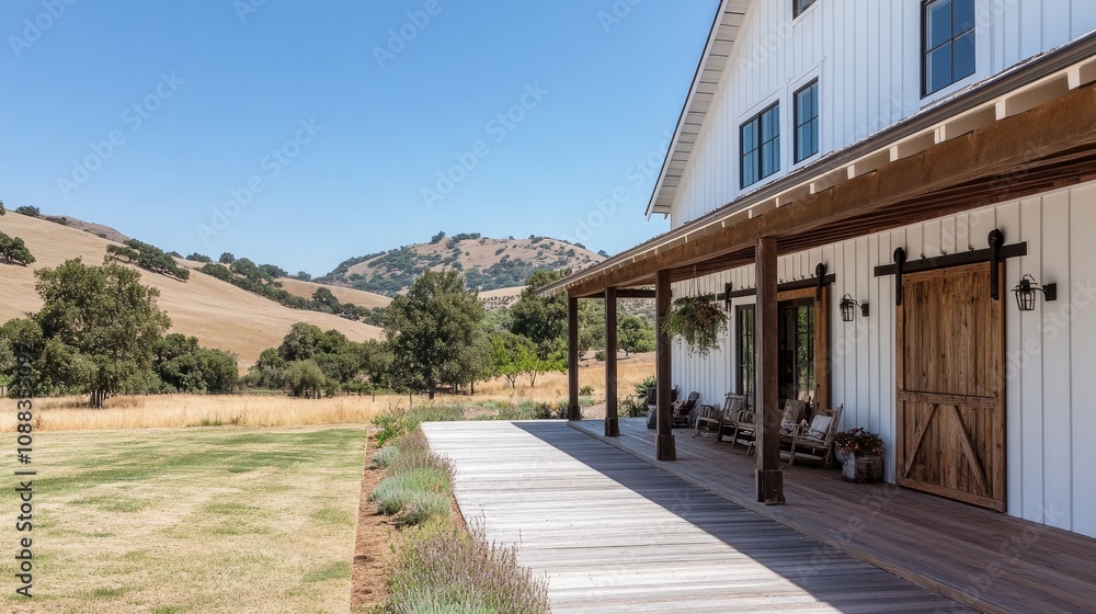 Rustic farmhouse with barn doors, large wooden porch, rolling hills background Rustic farmhouse with barn doors, large wooden porch, rolling hills background