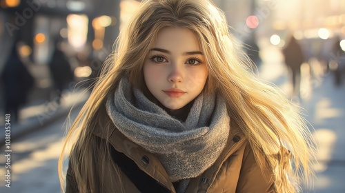 Teenage girl with long blond hair wearing a winter jacket and scarf, standing on a sunlit street corner with a blurred urban background