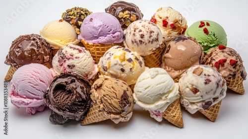 Colorful assortment of ice cream cones showcasing diverse flavors and textures arranged artfully on a clean white background.