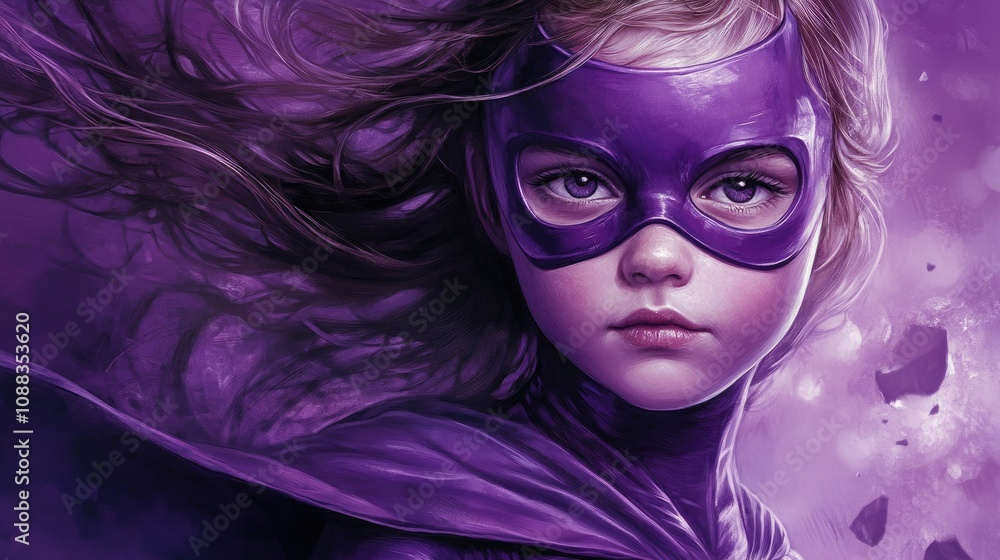 Confident 7-Year-Old Girl Heroically Portrayed in Vibrant Amethyst Tones with Flowing Hair and a Superhero Mask Confident 7-Year-Old Girl Heroically Portrayed in Vibrant Amethyst Tones with Flowing Hair and a Superhero Mask