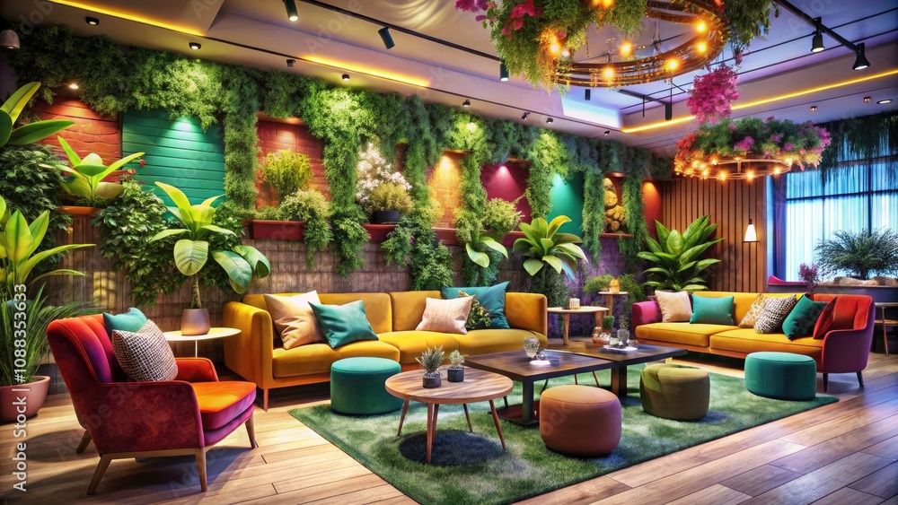 Obraz premium Cozy Vibrant Lounge with Colorful Decor and Plant-Themed Walls, Ideal for Relaxation and Socializing in a Lively Atmosphere