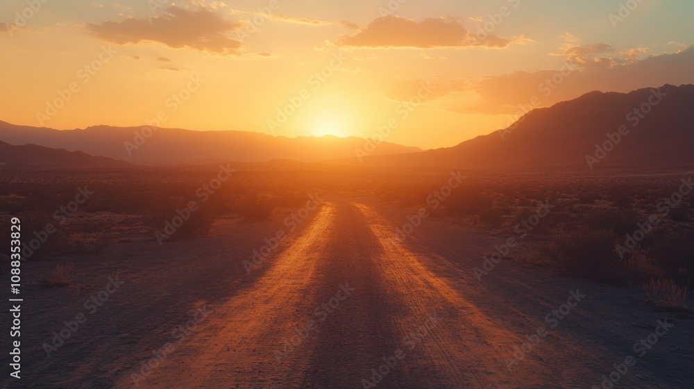 Dramatic desert landscape with a winding dirt road leading towards a vibrant sunset over distant mountains, showcasing rich colors and serene atmosphere. Dramatic desert landscape with a winding dirt road leading towards a vibrant sunset over distant mountains, showcasing rich colors and serene atmosphere.