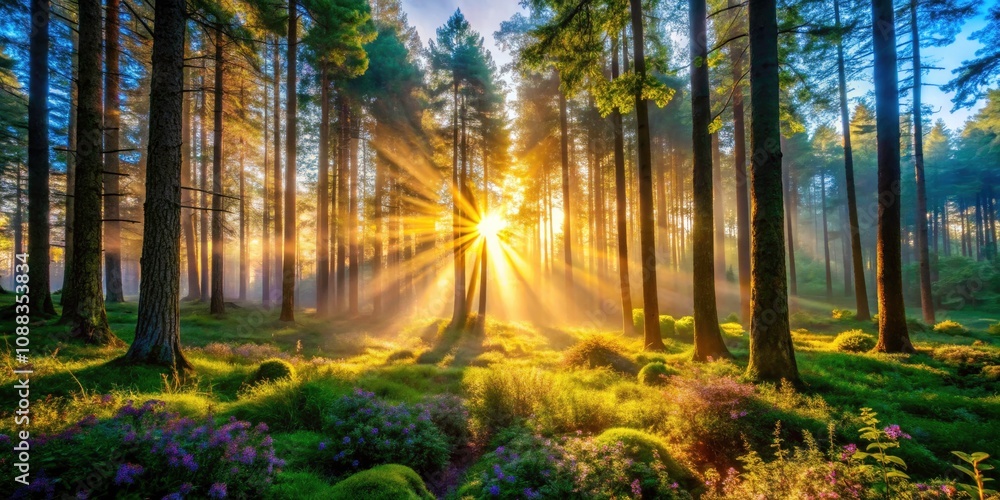 Obraz premium Dawn Breaking Over a Lush Forest, Symbolizing Nature's Growth and Renewal, Vibrant Colors, Morning Light, Serenity, and Life in Fashion Photography Style