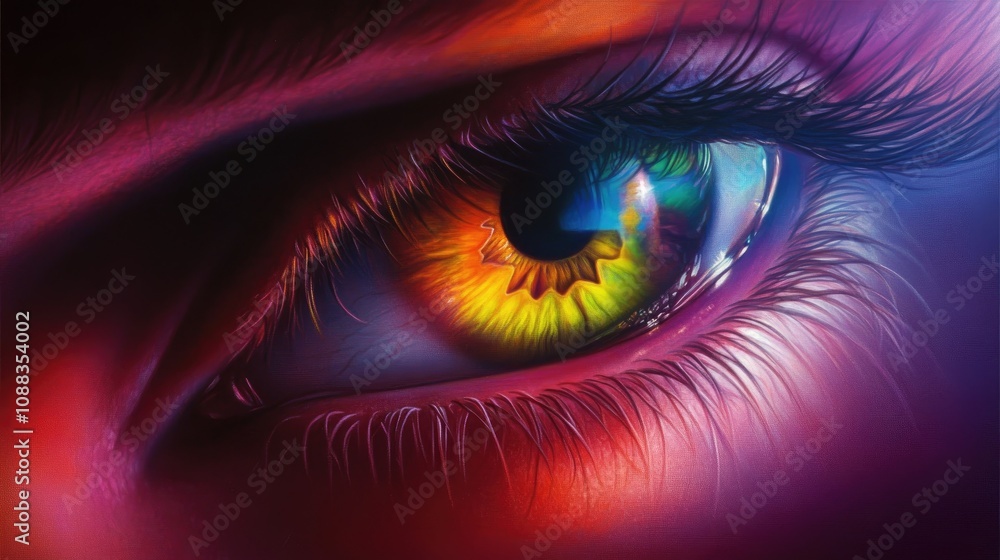 Colorful close-up of an eye showcasing vivid hues of orange, yellow, green, and blue, with intricate details and striking eyelashes against a dark background. Colorful close-up of an eye showcasing vivid hues of orange, yellow, green, and blue, with intricate details and striking eyelashes against a dark background.