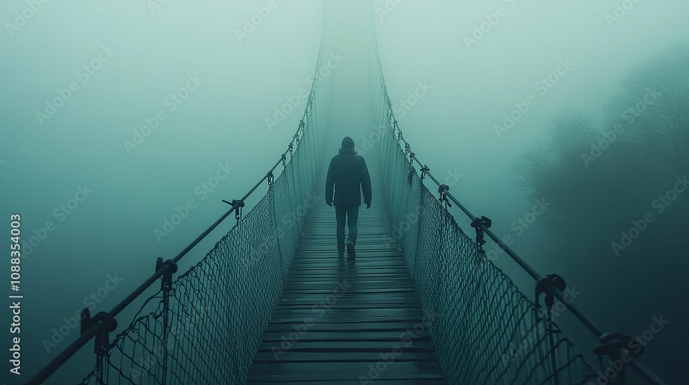Obraz premium Lone Figure Walking Foggy Suspension Bridge