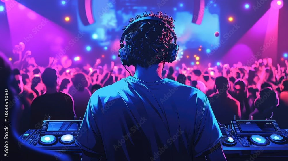 DJ focused on mixing tracks at a vibrant club surrounded by an energetic crowd, illuminated by dynamic blue and purple lighting effects. DJ focused on mixing tracks at a vibrant club surrounded by an energetic crowd, illuminated by dynamic blue and purple lighting effects.