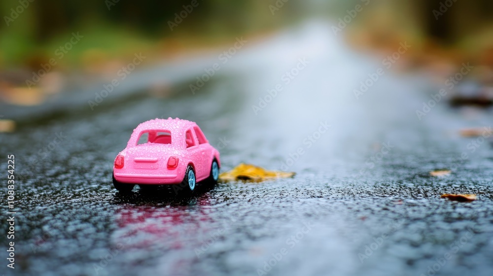 Abandoned pink toy car on a wet deserted road, evoking themes of protection and insurance amidst a tranquil, reflective environment. Abandoned pink toy car on a wet deserted road, evoking themes of protection and insurance amidst a tranquil, reflective environment.