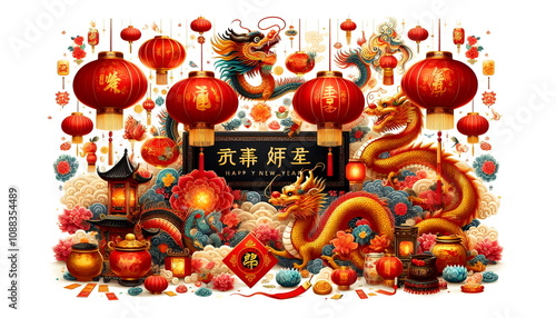 Happy Chinese New Year. Chinese dragon with hanging lanterns on white background for card design. China zodiac lunar calendar animal.