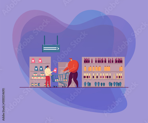 Happy dad and son buying food in supermarket flat vector illustration. Cartoon young father wheeling shop trolley in grocery store. Consumerism and shopping concept