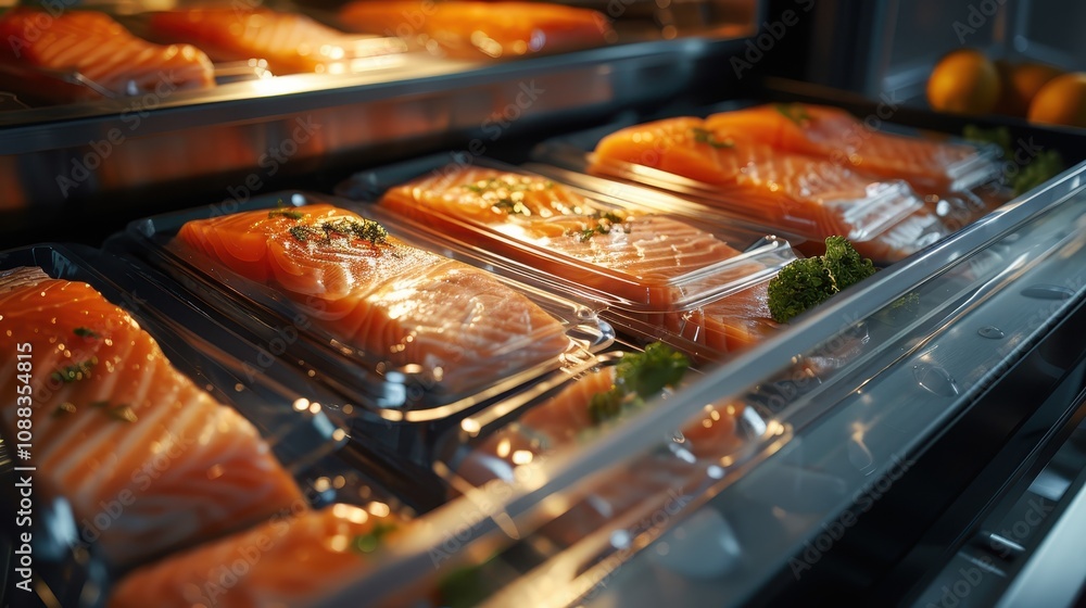 Fresh salmon fillets are neatly packaged in transparent containers, stored in a refrigerator, showcasing vibrant colors and garnishes. Fresh salmon fillets are neatly packaged in transparent containers, stored in a refrigerator, showcasing vibrant colors and garnishes.
