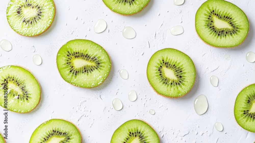 Fototapeta premium Sliced kiwi fruit arranged on a white surface, showcasing vibrant green flesh, black seeds, and glistening water droplets.