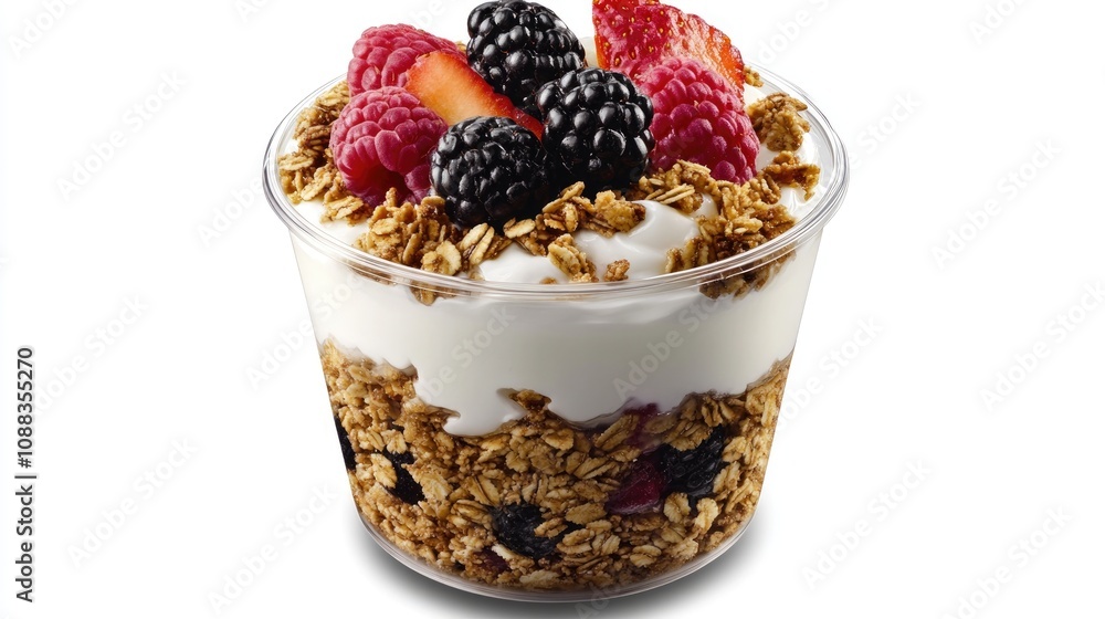 Delicious yogurt parfait layered with crunchy granola and topped with vibrant fresh strawberries, raspberries, and blackberries. Delicious yogurt parfait layered with crunchy granola and topped with vibrant fresh strawberries, raspberries, and blackberries.