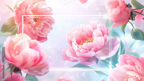 Fototapeta Naklejka Na Ścianę i Meble -  Delicate pink peonies blossom against a soft background with a white frame, perfect for bridal projects or elegant gift cards.