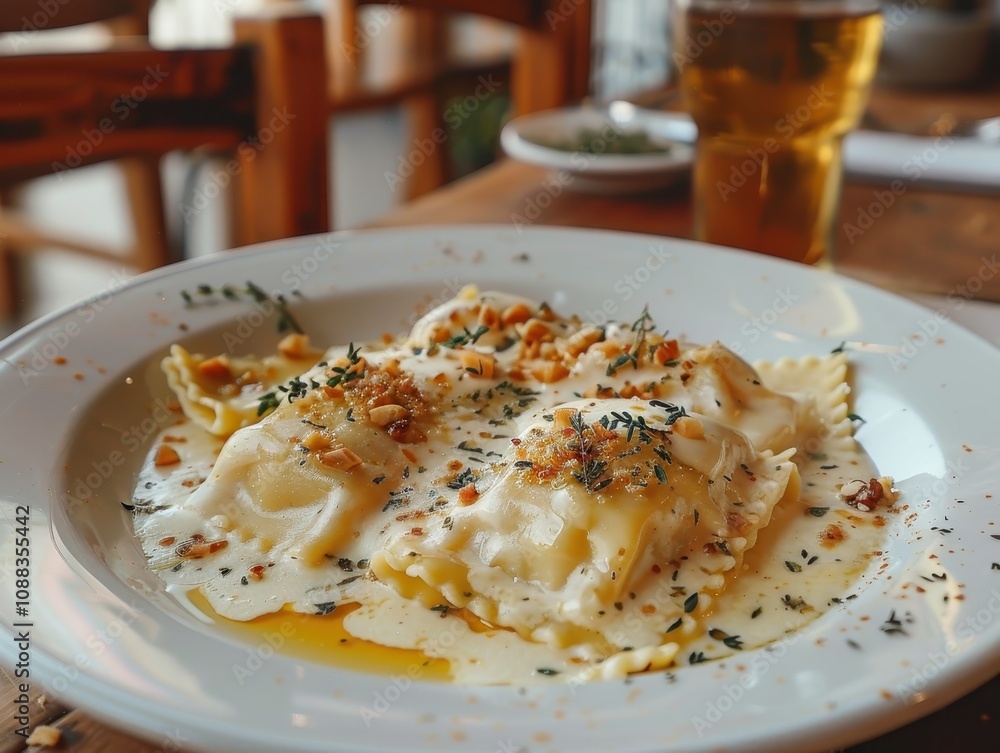 A plate of ravioli topped with creamy sauce and herbs, accompanied by a glass of beer, set in a cozy dining environment. A plate of ravioli topped with creamy sauce and herbs, accompanied by a glass of beer, set in a cozy dining environment.
