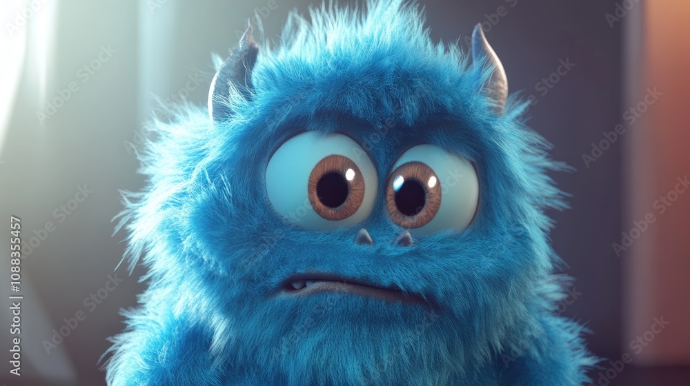 Cute Blue Furry Monster with Big Eyes and Tiny Horns in 3D Cartoon Style, Expressive Character Design for Animation and Storytelling Cute Blue Furry Monster with Big Eyes and Tiny Horns in 3D Cartoon Style, Expressive Character Design for Animation and Storytelling