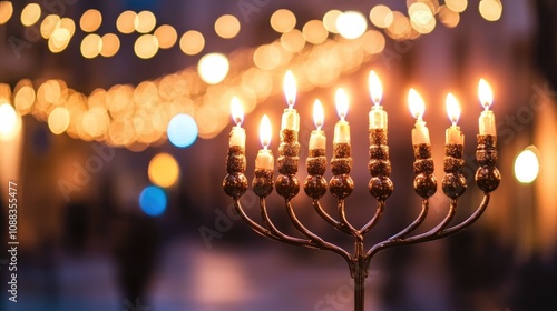 Illuminated Hanukkah menorah with glowing candles set against a backdrop of beautiful bokeh lights, symbolizing the spiritual traditions and warmth of the Jewish celebration. photo