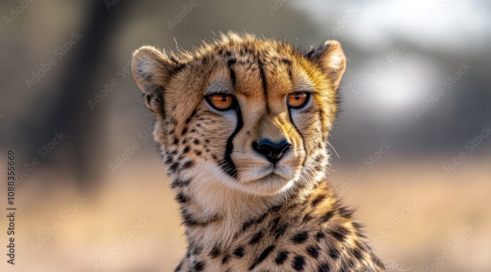 A close-up of a cheetah showcasing its distinctive features and alert expression. A close-up of a cheetah showcasing its distinctive features and alert expression.