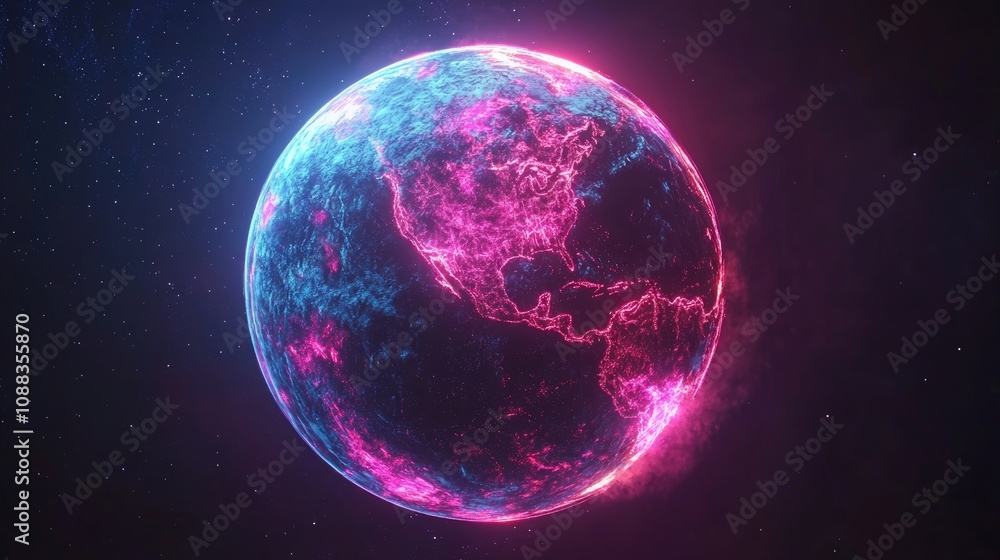 Futuristic Neon Earth with Brilliant Blue and Pink Lights Showcasing Intricate Planetary Details Against a Starry Background Futuristic Neon Earth with Brilliant Blue and Pink Lights Showcasing Intricate Planetary Details Against a Starry Background