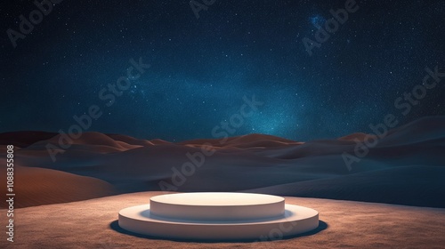 Fototapeta Naklejka Na Ścianę i Meble -  Circular white podium for product display set against a serene nighttime desert landscape with a starry sky and gentle sand dunes in the background.
