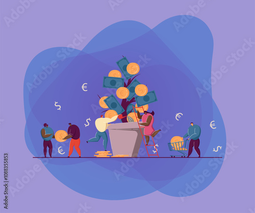 Investors growing revenue tree. Business people taking care about huge cash plant in pot. Investing money metaphor vector illustration. Finance, prosperity, financial growth concept