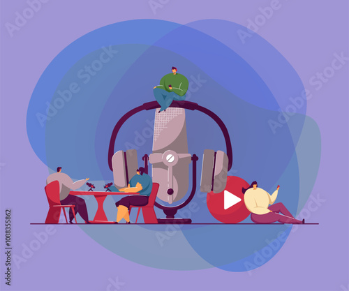 Happy tiny people sitting and listening radio podcast isolated flat vector illustration. Cartoon man and woman with headsets talking on interview. sound technology and online broadcasting concept