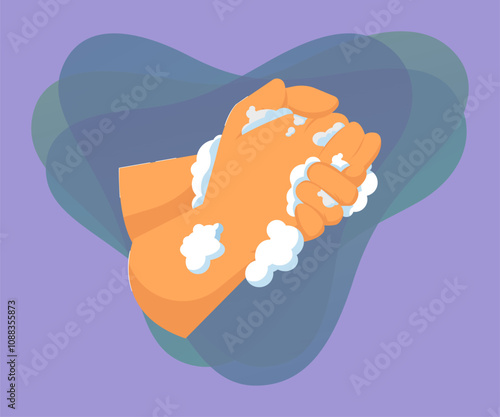 Human hands in soap foam. Person washing hands, protecting from microbes and infection, using antibacterial gel or sanitizer. Vector illustration for handwashing, hygiene, healthcare, skincare concept