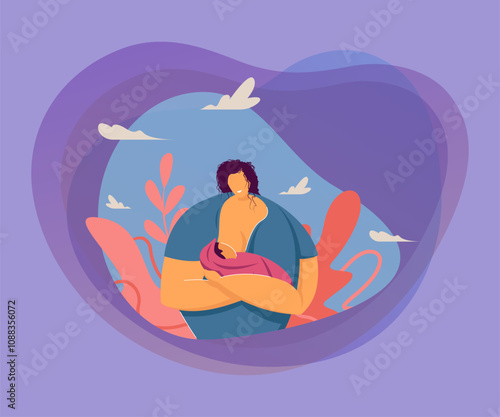 Happy mom breastfeeding baby. New mother offering breast to newborn infant. Vector illustration for motherhood, healthy nutrition, child birth concept