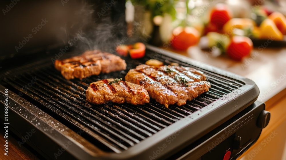 Electric grill with sizzling meat on the countertop, surrounded by fresh vegetables for indoor barbecue cooking. Steam rises warmly from the grill. Electric grill with sizzling meat on the countertop, surrounded by fresh vegetables for indoor barbecue cooking. Steam rises warmly from the grill.
