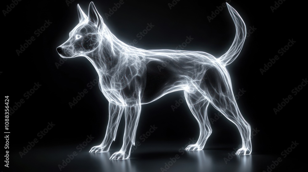 A glowing, ethereal outline of a dog, showcasing a blend of art and technology. A glowing, ethereal outline of a dog, showcasing a blend of art and technology.