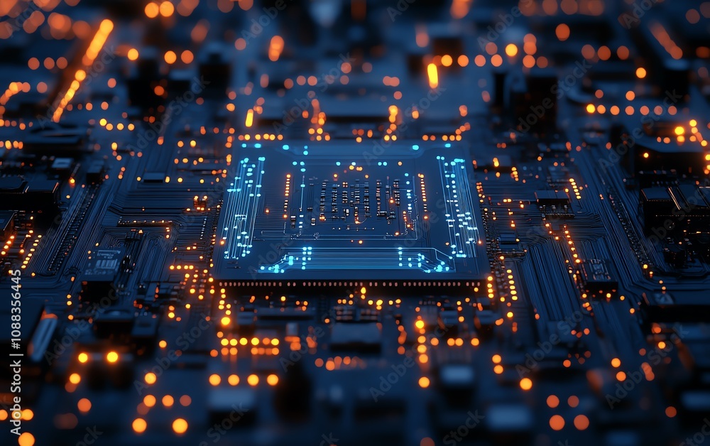 Intricate blue circuit board closeup with illuminated lines, dark background, glowing hightech design Intricate blue circuit board closeup with illuminated lines, dark background, glowing hightech design