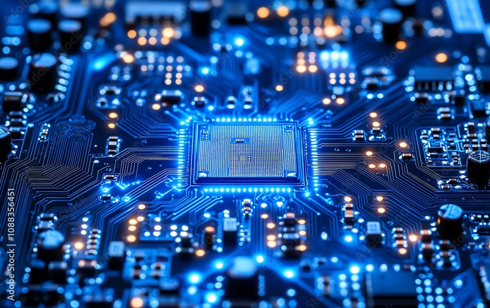 Intricate blue circuit board closeup with illuminated lines, dark background, glowing hightech design Intricate blue circuit board closeup with illuminated lines, dark background, glowing hightech design