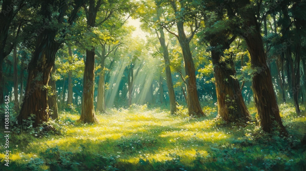 Obraz premium Sunlight streams through tall trees, illuminating lush green undergrowth and creating a serene, ethereal atmosphere in a peaceful forest setting.