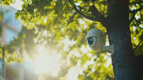 Wallpaper Mural Surveillance camera mounted on a tree in a sunlit park, promoting safety for visitors during evening hours with lush green foliage in the background. Torontodigital.ca