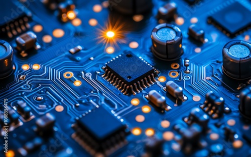 Intricate blue circuit board closeup with illuminated lines, dark background, glowing hightech design