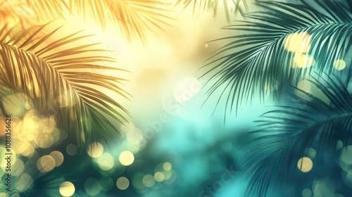 Palm silhouettes against a vibrant tropical beach bokeh background, capturing a serene summer vacation vibe perfect for relaxation and escapism themes.