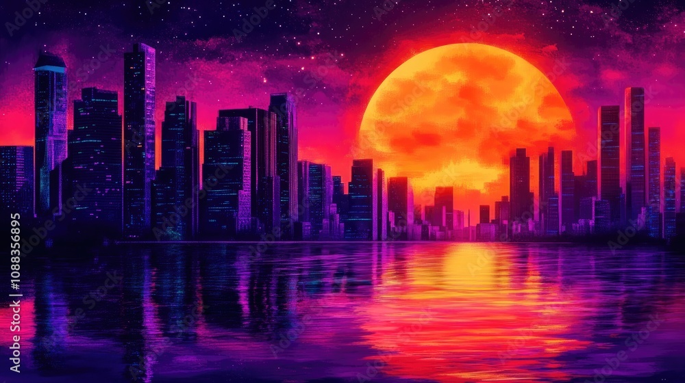 Fototapeta premium Vibrant digital art of a futuristic urban skyline at sunset, showcasing tall skyscrapers reflecting in water with a dramatic, colorful sky.