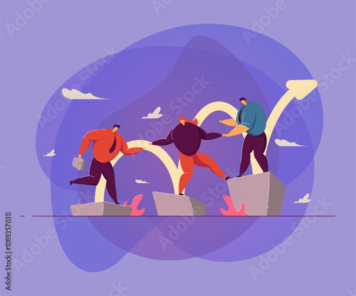 Leader helping his team to grow. Mentor training interns. Employees climbing up on top of growth chart. Vector illustration for mentorship, integrity, leadership, community concept