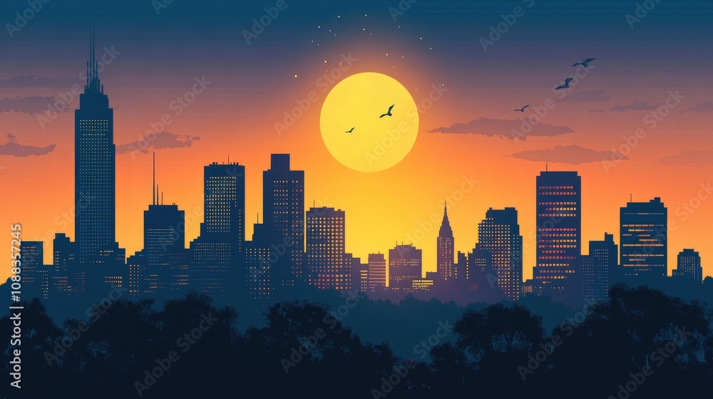 Fototapeta premium Twilight Cityscape Showcasing Silhouetted Skyscrapers Against a Vibrant Sunset with Birds in Flight and a Golden Sun on the Horizon